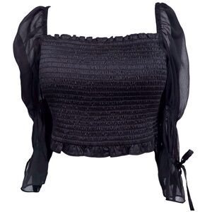 Urban Outfitters Black Smocked Crop Top Sheer Bubble Sleeve Blouse Medium